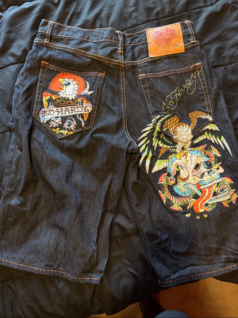Ed Hardy Dark Blue Denim Shorts with Multicolor Embroidery